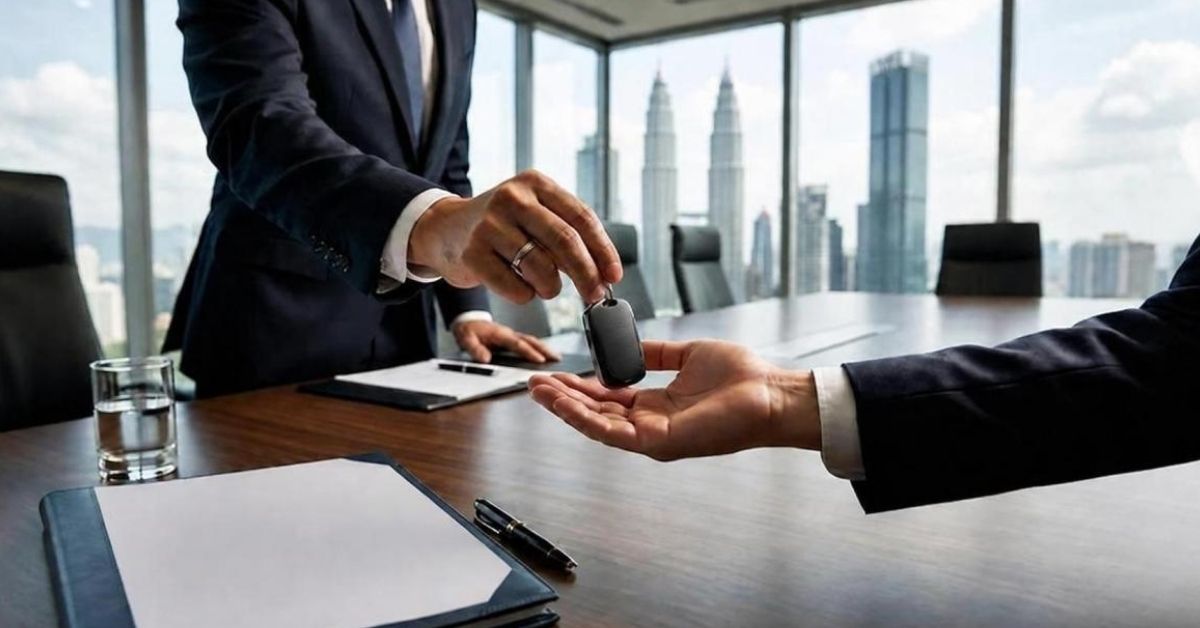 Close-up of two men in corporate suits hand-to-hand transferring a car key fob with a gavel logo in a modern board room in Kuala Lumpur, Malaysia, representing Judicial Management and corporate restructuring