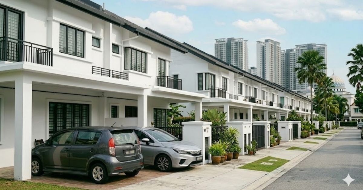 A side-angle perspective of a modern row of white double-story terrace houses in a Malaysian residential neighborhood under a bright sky, representing a property purchase and Sale and Purchase Agreement (SPA).