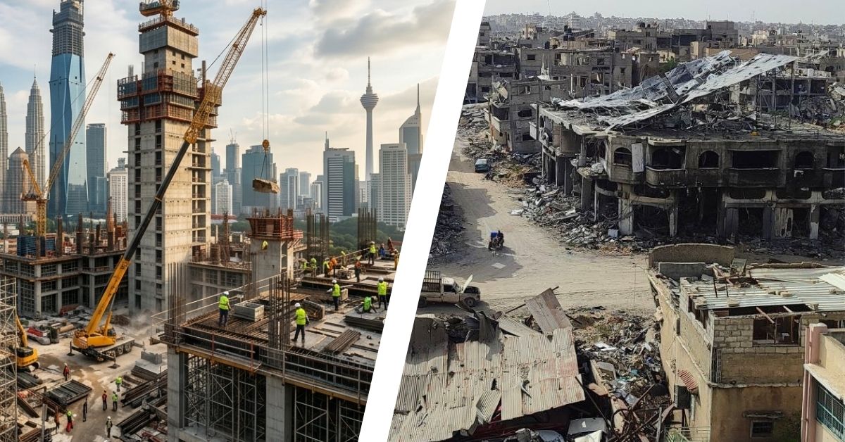 A high-angle view of a busy construction site in Kuala Lumpur with cranes and skyscrapers, representing the Malaysian construction industry