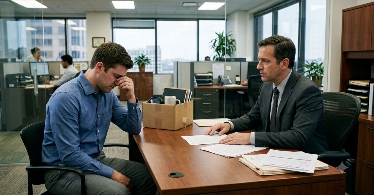 A serious disciplinary meeting in an office setting where an employer in a suit discusses a termination letter with a distressed male employee sitting next to a packed cardboard box.